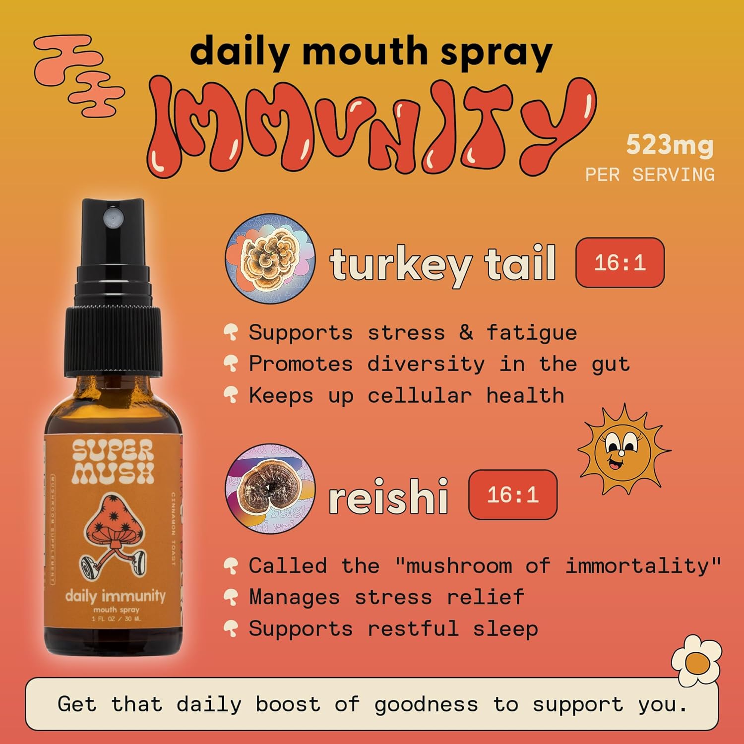Daily Immunity Mouth Spray Organic - Mushroom Immunity Spray Supplements - Turkey Tail & Reishi Mixed Mushrooms Extract - Immune & Digestive Health Support - 30ml Pure & Organic Turkey Tail
