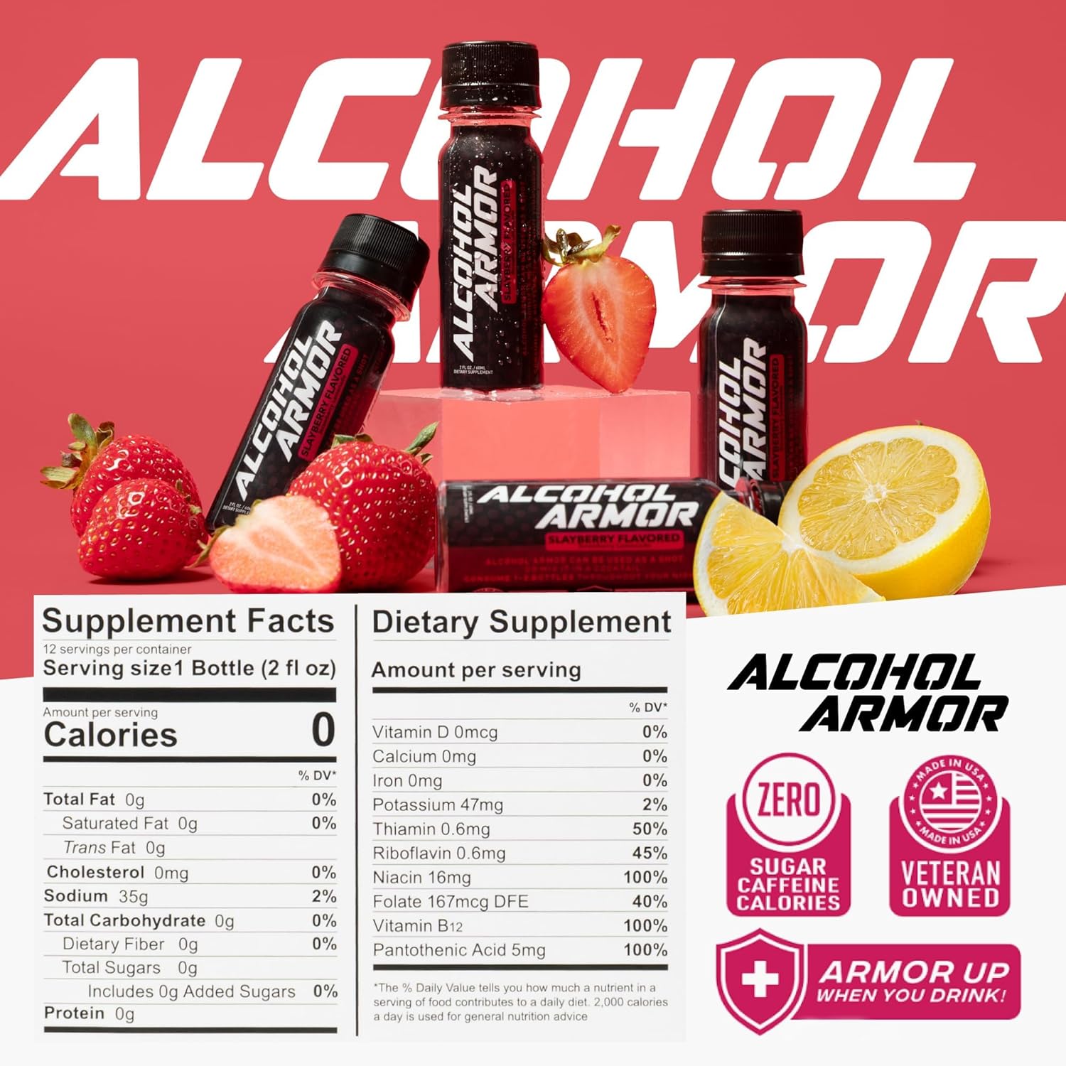 Alcohol Armor Recovery Shot 12-Pack – 2 oz Supplement with Natural DHM, Milk Thistle, Activated Charcoal, Electrolytes & B12 – Dye-Free, Caffeine-Free & Sugar-Free Hydration & Party Support Drink