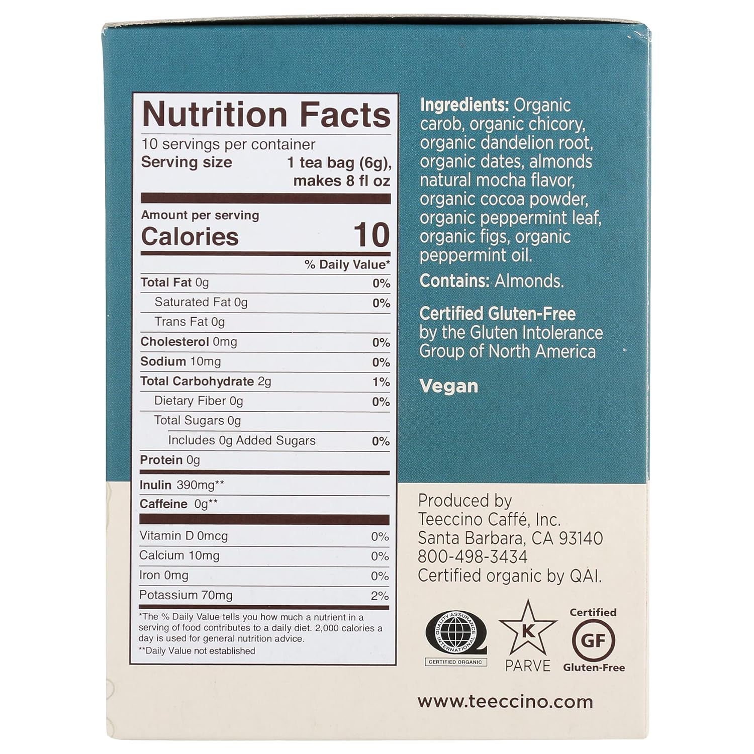 Teeccino Dandelion Mocha Mint Tea - Caffeine Free, Roasted Herbal Tea with Prebiotics, 3x More Herbs than Regular Tea Bags, Gluten Free - 10 Tea Bags