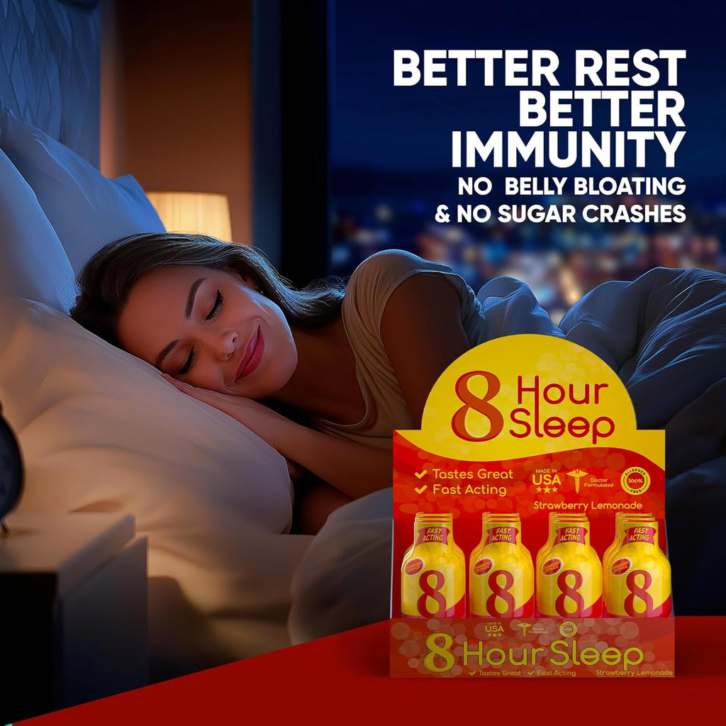 Vitamin Energy 8 Hour Sleep Shot Strawberry Lemonade 8 Pack, Melatonin, 5-HTP, GABA, Valerian, Lavender, Nighttime Relaxation & Sleep Support Supplement, Zero Sugar, Vegan, Gluten-Free, Kosher, 1.93 fl oz