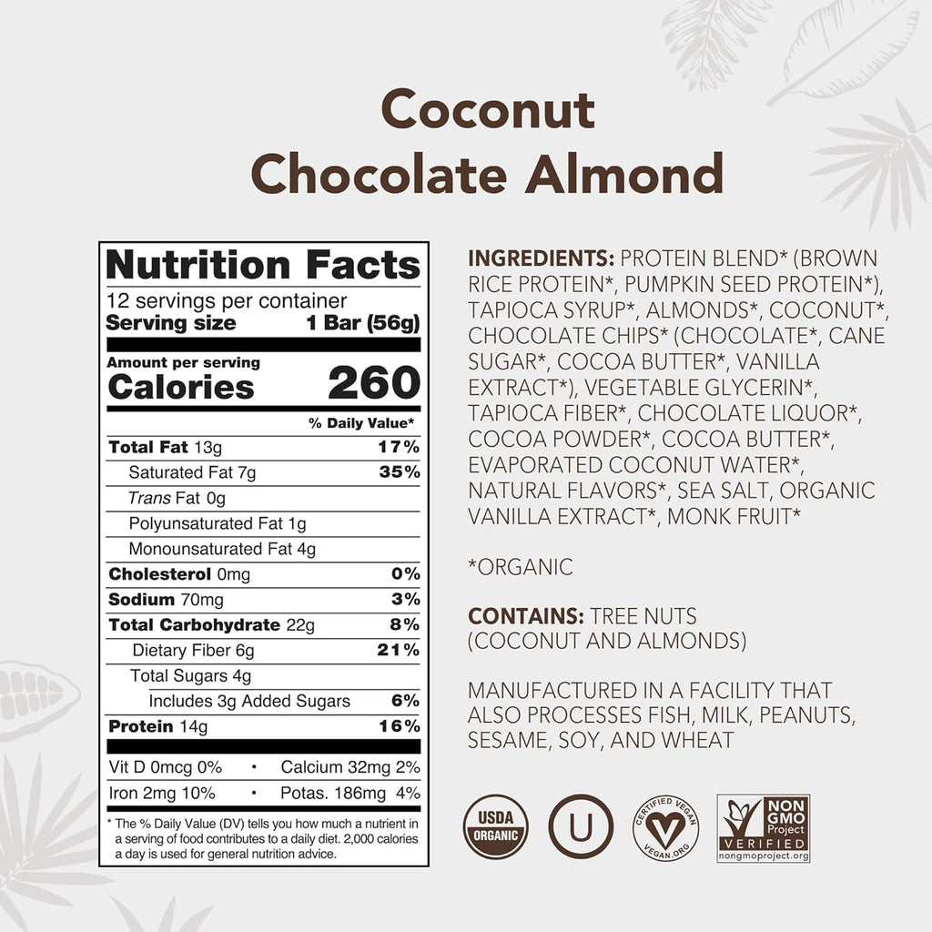 ALOHA Organic Plant Based Protein Bars - Chocolate Coconut Almond, Vegan, Low Sugar, Gluten-Free, Low Carb, Non-GMO, No Stevia, No Erythritol - 12 Count (Pack of 1)