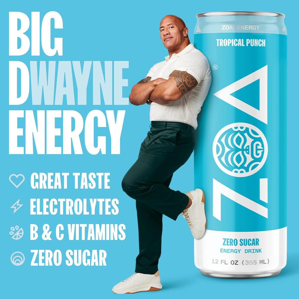 ZOA Zero Sugar Energy Drinks, Tropical Punch - Sugar Free with Electrolytes, Healthy Vitamin C, Amino Acids, Essential B-Vitamins, and Caffeine from Green Tea - 12 Fl Oz (12-Pack)