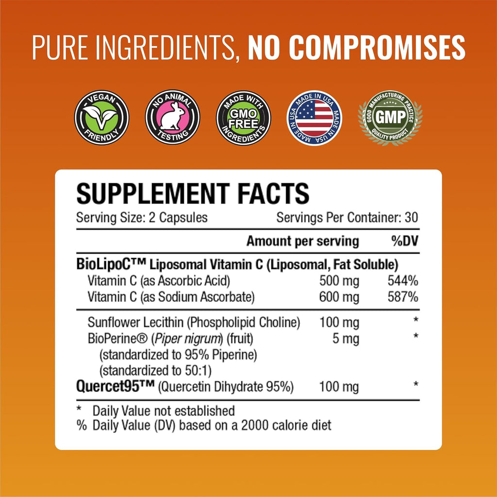 Approved Science Liposomal Vitamin C - 1100 mg - 60 Capsules - Immune Support, Boost Collagen, Antioxidant - High Absorption - Fat Soluble - Non GMO - Vegan - Made in The USA