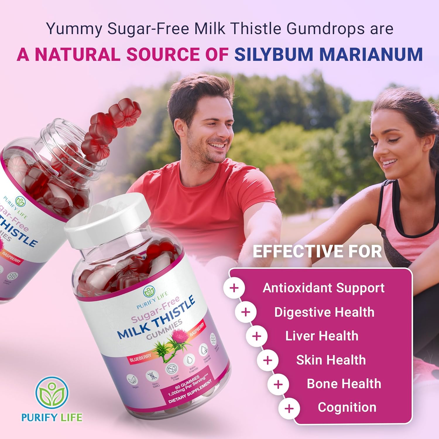 Sugar-Free Milk Thistle Gummies for Liver Cleanse Detox & Repair (Natural Blueberry-Raz Flavor) Cardo Mariano, Cleansing Milk Thistle Extract & Antioxidant Support, Vegan, Replaces Pills & Capsules
