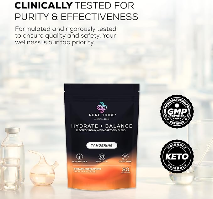 Hydrate + Balance Electrolytes Powder Packets – Vegan & Sugar-Free Hydration Packets with 6 B Vitamins & Adaptogens – Tangerine Drink Mix for Instant Hydration & Energy – 30 Stick Servings