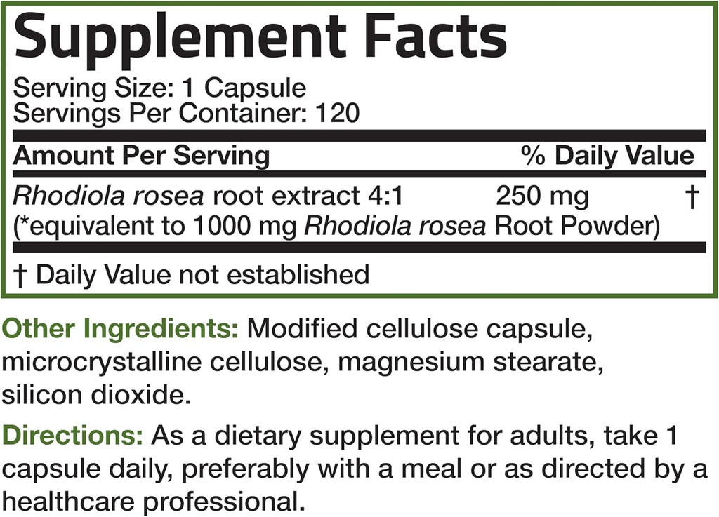 Bronson Rhodiola Rosea Vegetarian Capsules - Adaptogenic Herb - Brain, Stress & Mood Support - Non-GMO, 120 Count