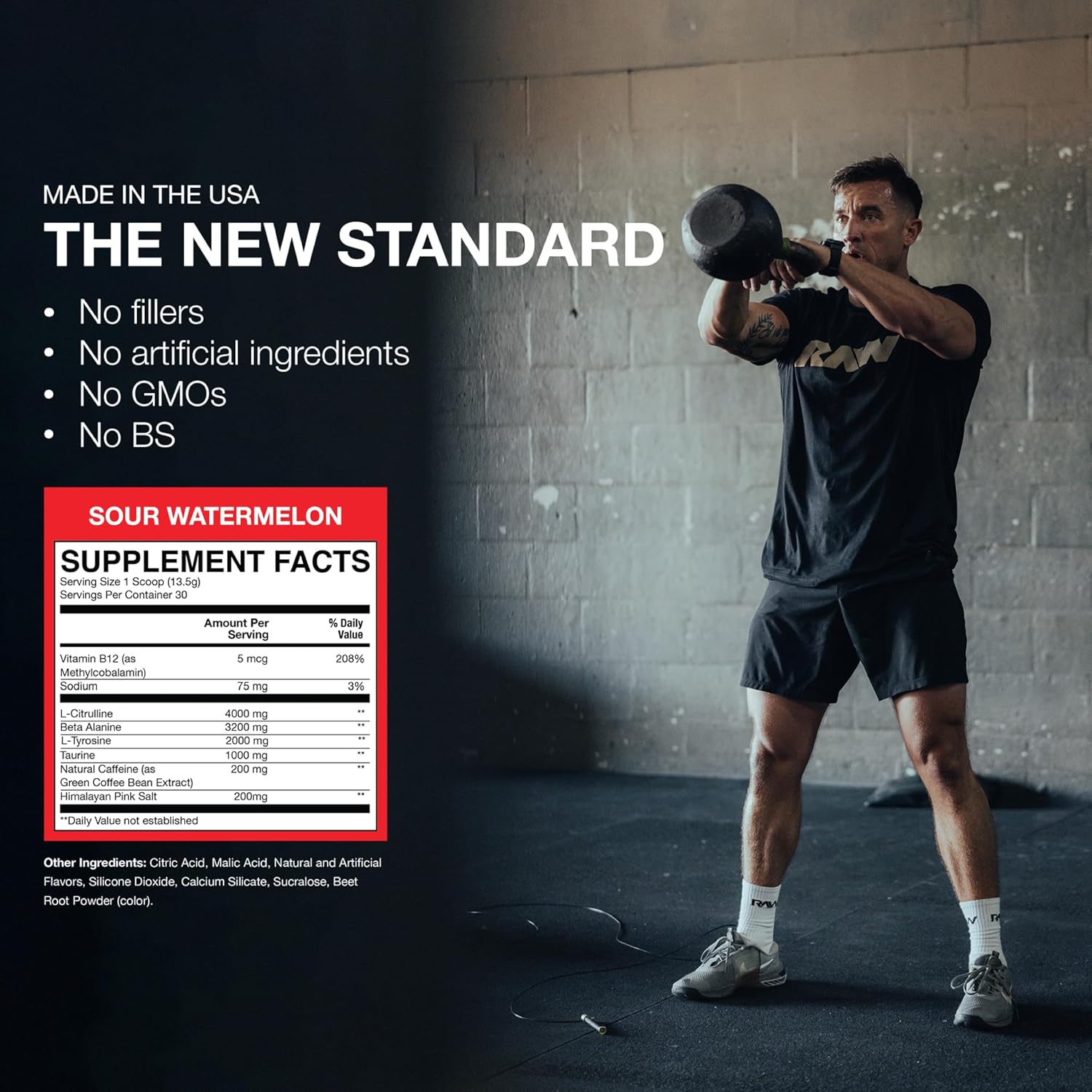 RAW Essential Pre-Workout Powder (Sour Watermelon) - Chris Bumstead Sports Nutrition Supplement for Men & Women - Preworkout Energy Powder with Caffeine, L-Citrulline & Beta Alanine Blend - 2-Pack
