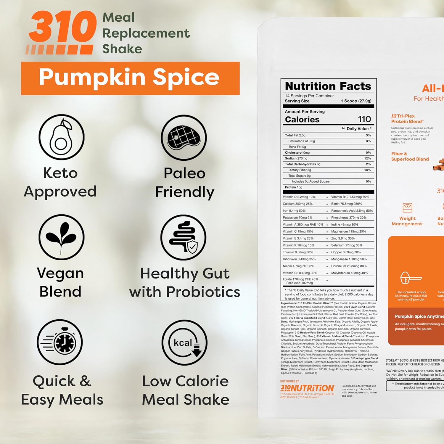 310 Nutrition - Vegan Organic Plant Powder and Meal Replacement Shake - Gluten, Dairy, and Soy Free - Keto and Paleo Friendly - 0 Grams of Sugar - Pumpkin Spice - 14 Servings