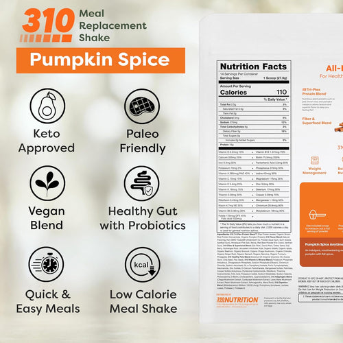 310 Nutrition - Vegan Organic Plant Powder and Meal Replacement Shake - Gluten, Dairy, and Soy Free - Keto and Paleo Friendly - 0 Grams of Sugar - Pumpkin Spice - 14 Servings