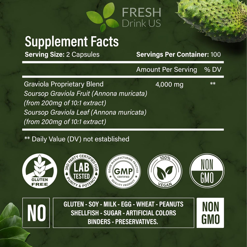 FRESHDRINKUS, Premium 200 Soursop Capsules, 4000mg per Serving, 100 Days Supply – 100% from Natural Soursop Graviola Fruits and Leaves Extract, Vegan Capsules, Non-GMO, Gluten-Free.
