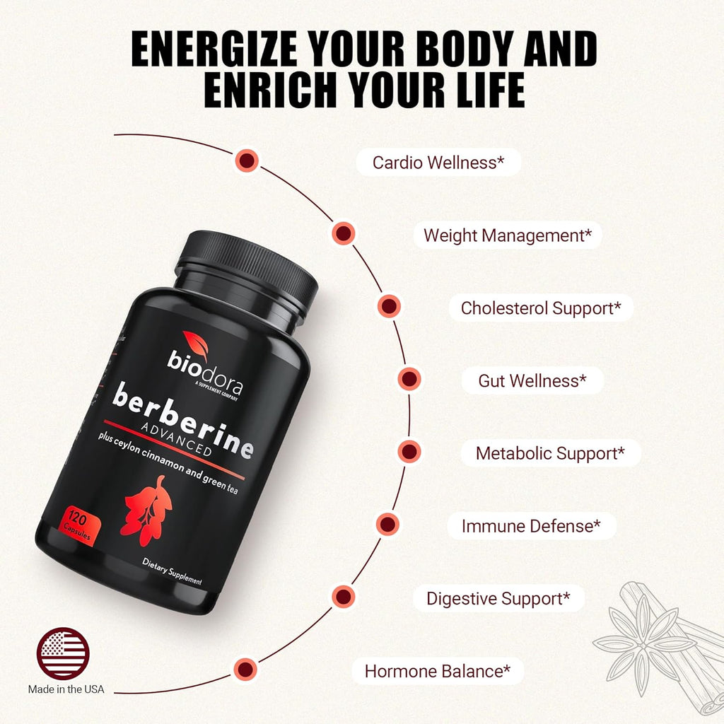 Berberine Advanced Plus with 1200mg Berberine - 100mg Ceylon Cinnamon and 100mg Green Tea Extract - 1400mg Per Dose -120 Capsules - 60 Day Supply - Supports Immune and Cardiovascular