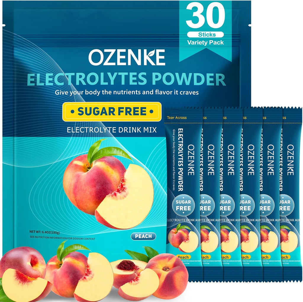 Electrolytes Powder Packets, 30 Sticks Hydration Packets Sugar Free, Electrolyte Drink Mix Portable Electrolyte Packets for Rapid Hydration, 0 Sugar & 0 Calorie, Peach Flavor