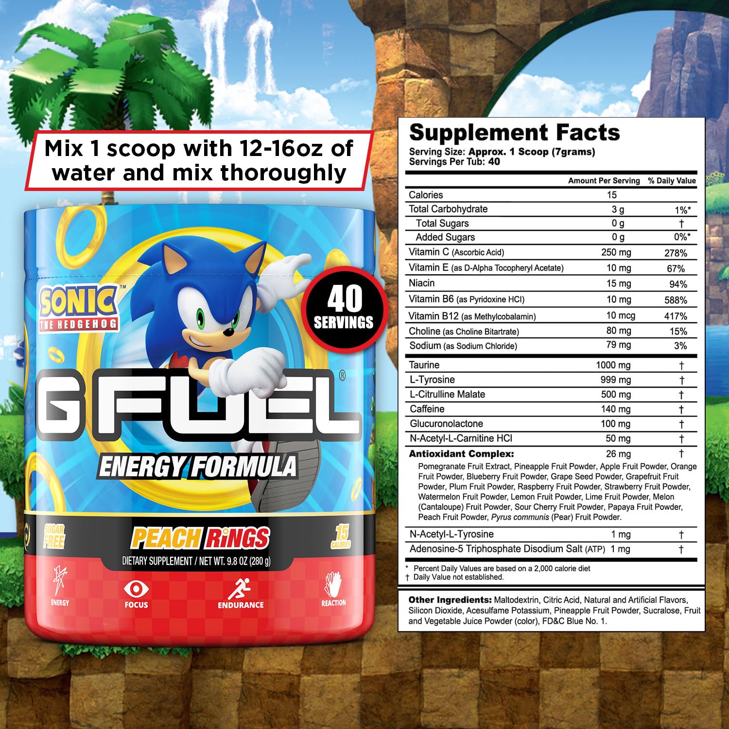 G Fuel Sonic Energy Drink Powder, Pre Workout Caffeine Mix for Gaming, Sugar Free Focus Amino, Vitamin + Antioxidants, 9.8oz (Peach Ring Candy, 40 Servings)