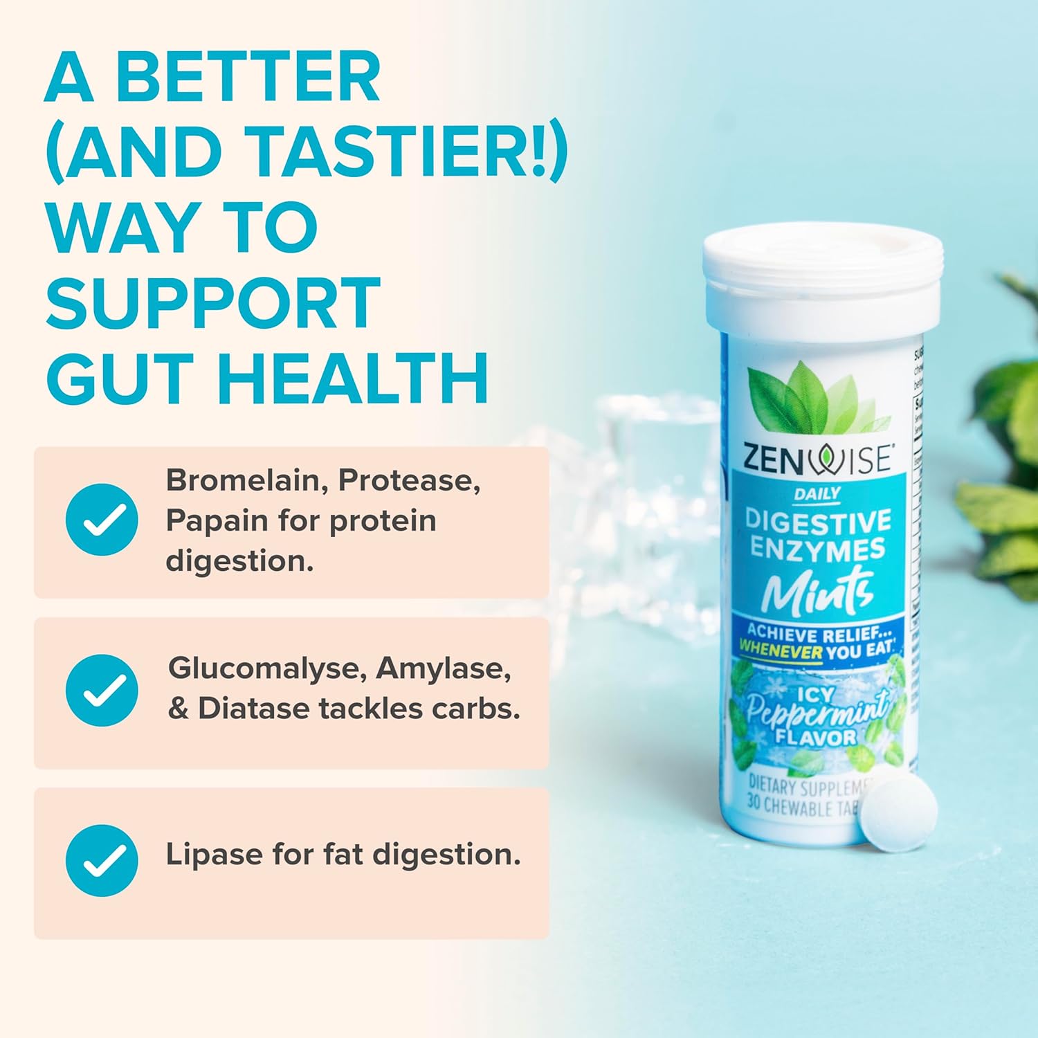 Zenwise Health Digestive Enzyme Breath Mints for Gut Health, ICY Peppermint Flavor - Digestive Enzymes for Bloating Relief & Gut Support - Multi Enzymes Digestion Supplement - 30 Chewable Tablet