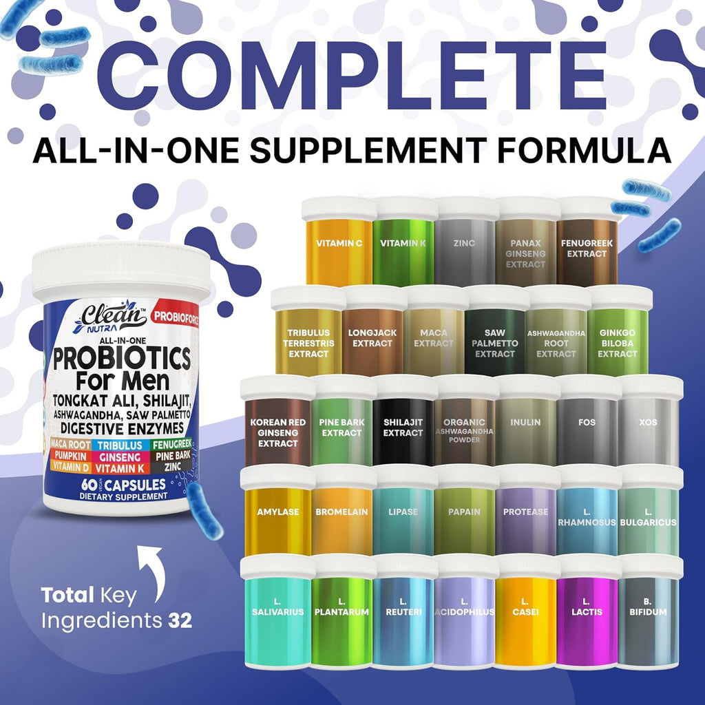 Clean Nutra Probiotics for Men | Tongkat Ali, Saw Palmetto, Tribulus, Ginseng, Ashwagandha, Maca, Pumpkin, Gingko Biloba, Pine Bark, Fenugreek, Shilajit, Zinc - Mens Probiotic 60 Capsules