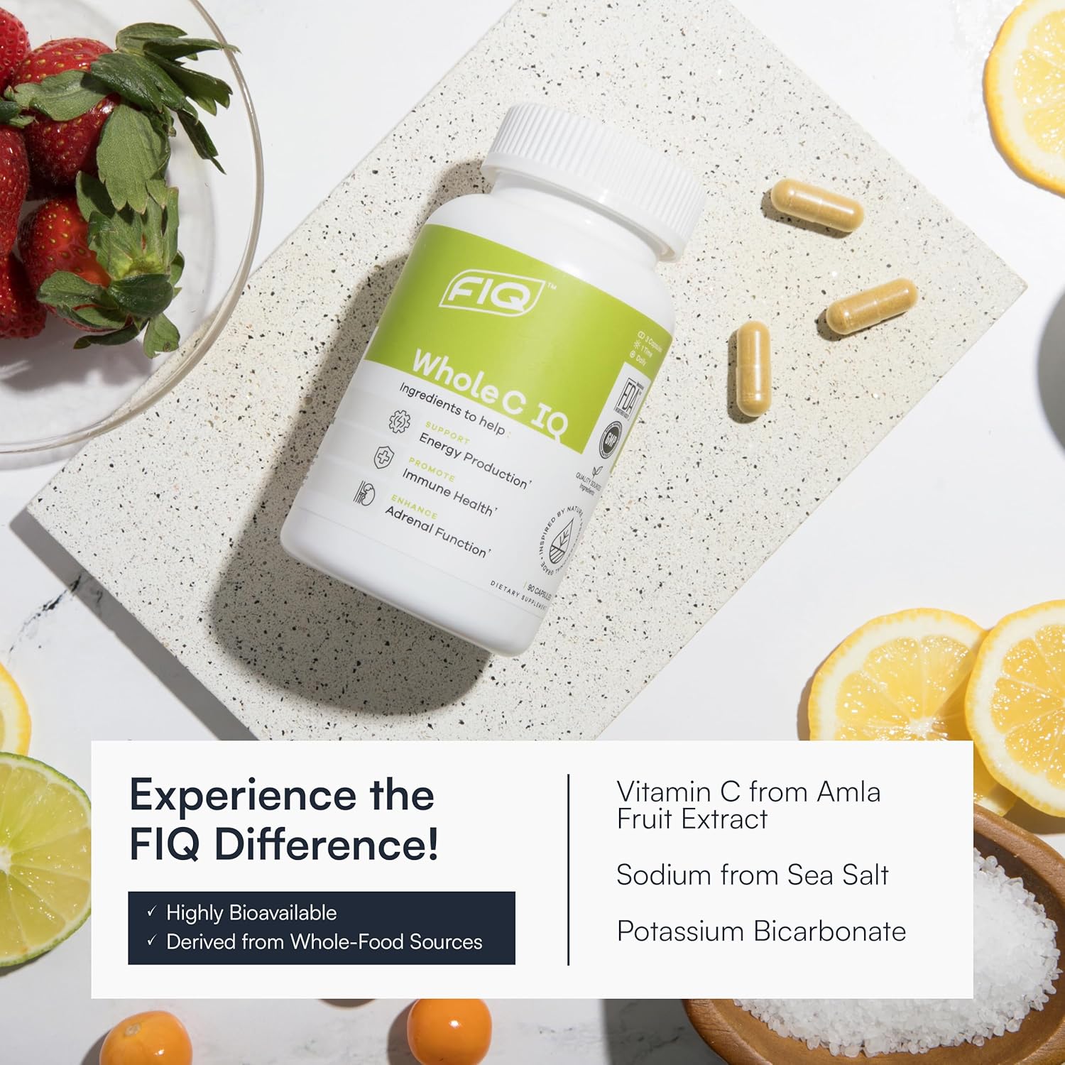 FIQ - Whole C IQ - Natural Vitamin C Supplements with Amla Fruit Extract - Iron, Energy, & Immune Support from Whole Food Sources - High Absorption Vitamin C Capsules - 90 Capsules