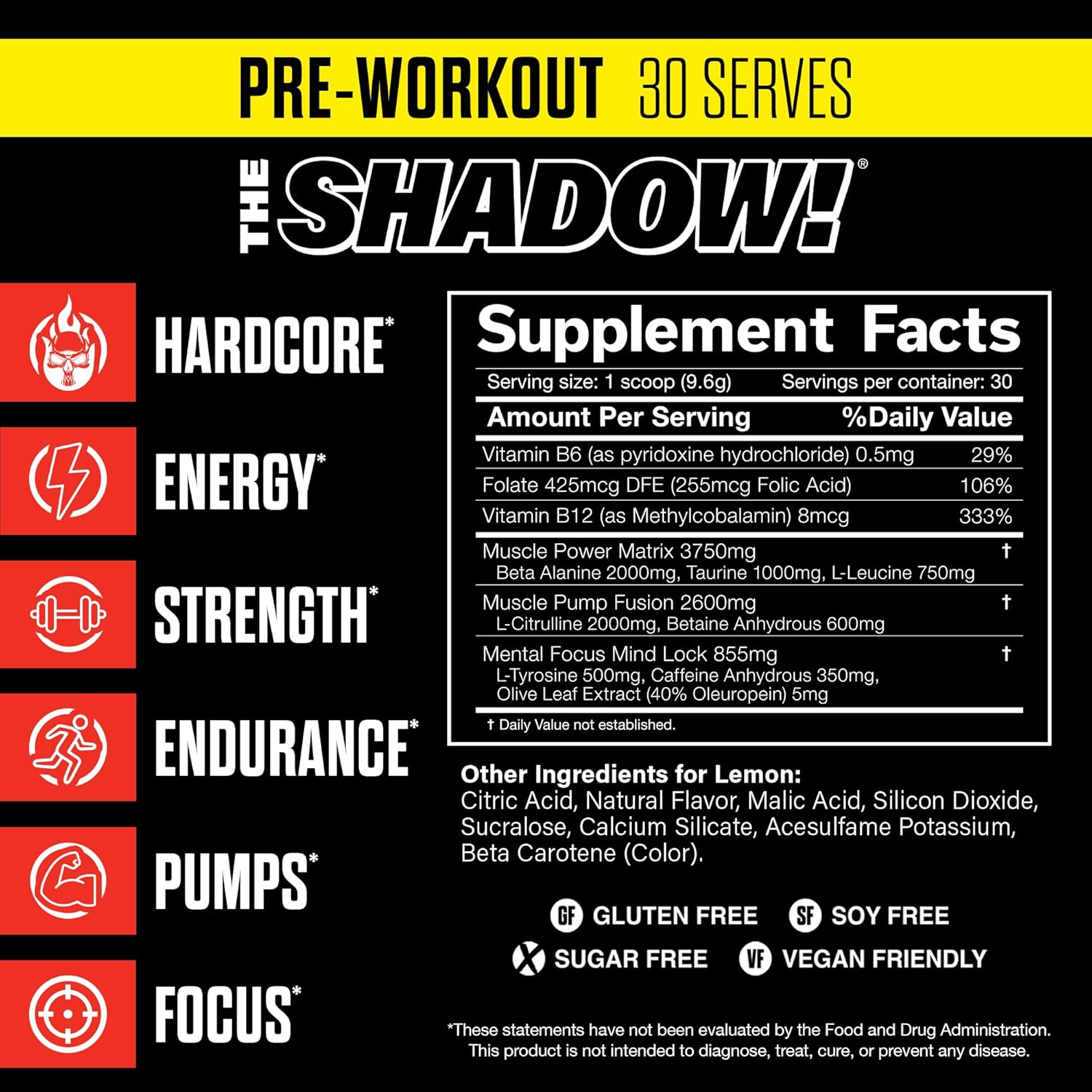 JNX SPORTS The Shadow! 350mg of Caffeine Hard Core Preworkout - Lemon 30 Servings | Electric Energy, Mental Focus & Superhuman Strength for Men & Women