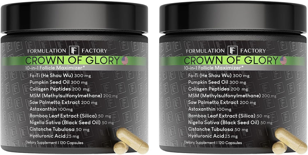 Formulation Factory Crown of Glory 10-in-1 Hair Growth Maximizer, DHT Blocker with Saw Palmetto, Fo-Ti, Collagen, Pumpkin Seed Oil & More, Supports Hair & Scalp Health (4 Month Supply, 240 Capsules)