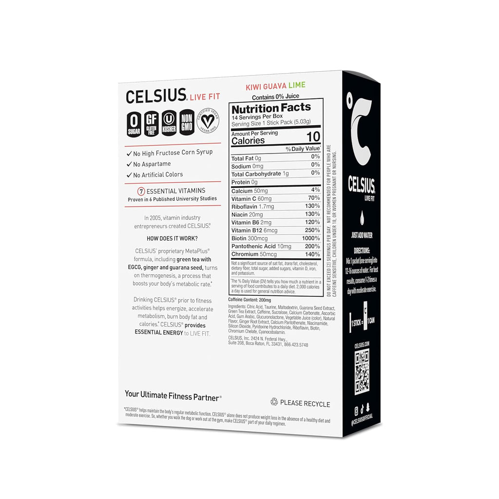 CELSIUS On The Go Kiwi Guava Lime, Sugar Free Energy Drink Mix (14 Sticks per Pack)