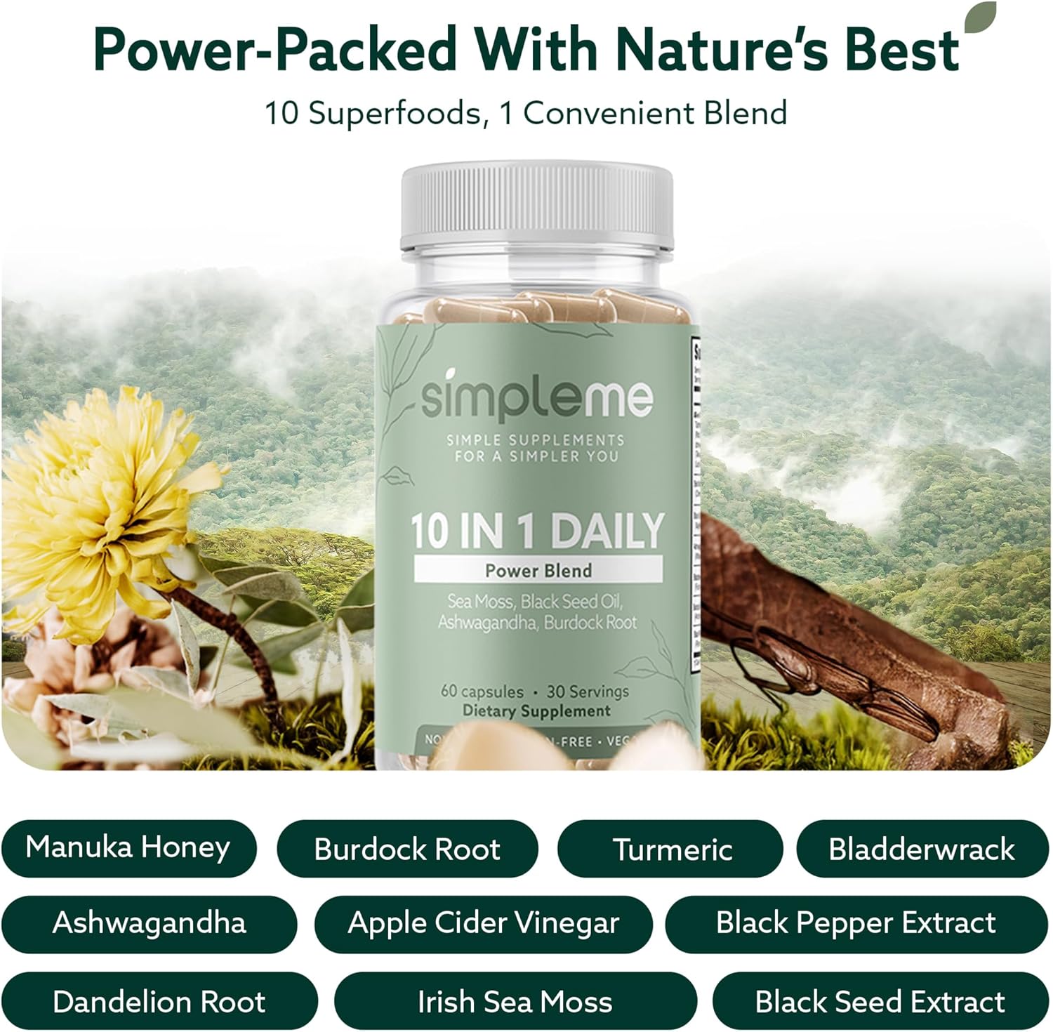 Burdock Root Organic and Bladderwrack 10 in 1 Immunity Booster Power Blend with Irish Sea Moss, Ashwagandha and Black Seed Supplement for Men and Women, Seamoss Pills Herbal, Vegan - 60 Capsules