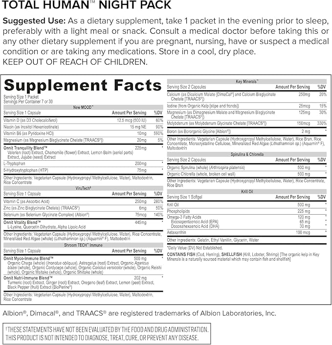 ONNIT Total Human Adult Multivitamin Dietary Supplement Comprehensive Capsule Packs with Day and Night Support, Daily Vitamin Packs for Men and Women, Dietary Supplement Capsules, 30-Day Supply