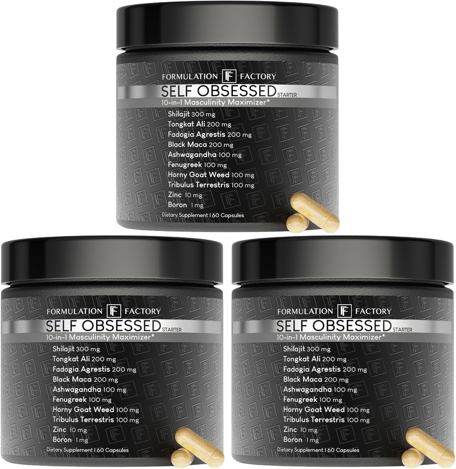 Formulation Factory Self Obsessed Starter 10-in-1 Masculinity Maximizer Supplement for Men with Shilajit, Tongkat Ali, Ashwagandha, Fenugreek to Support Muscle, Drive, Strength 180 Count (Pack of 3)
