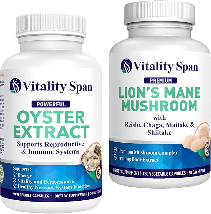 Oyster Extract Natural Zinc and Lions Mane Cognitive Support Mushroom Extract - Anti-Aging Bundle, Made in USA