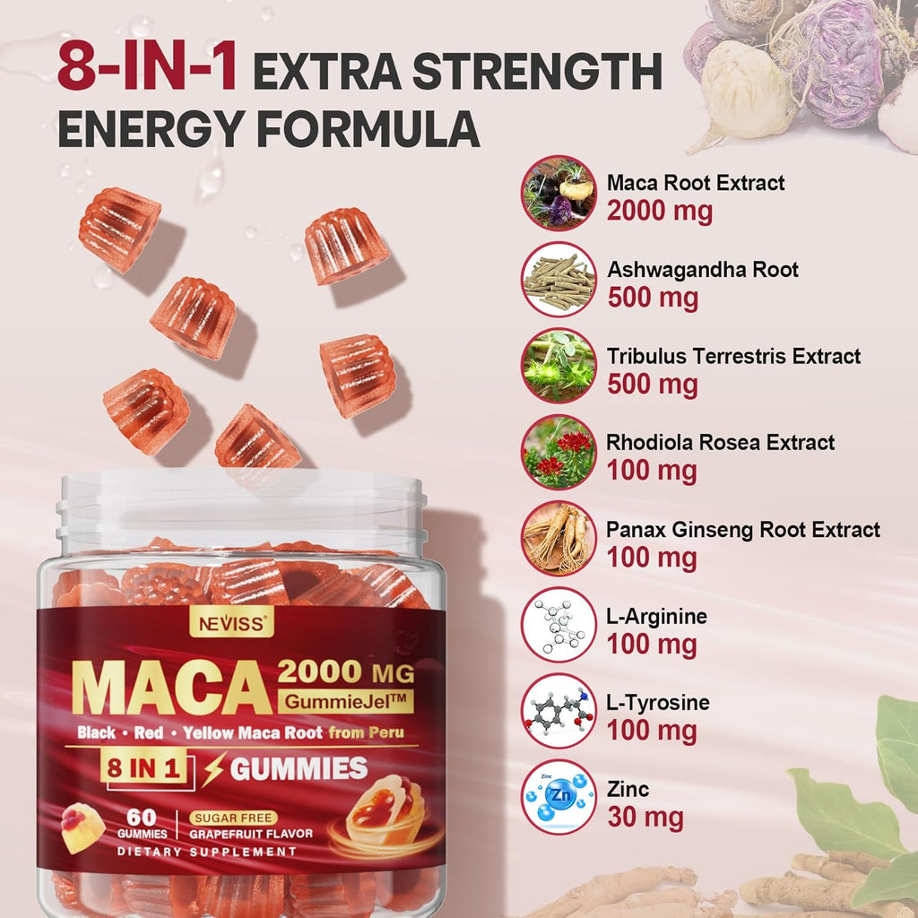 Maca Root Filled Gummies 2000mg for Women Men | Sugar Free | Organic Black, Red, Yellow Maca Root Supplement Gummy Chews with Ashwagandha Ginseng & Zinc | Vegan, Non-GMO, Grapefruit Flavor, 60 Count