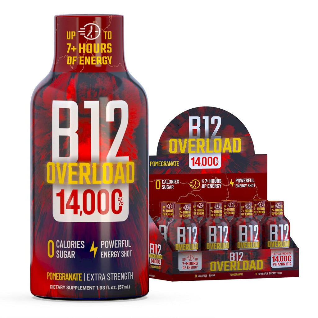 B12 Overload Extra Strength Energy Shot – Pomegranate – 260mg Caffeine, 14000% B12, Electrolytes – Energy & Vitality Support – Zero Sugar No Calories – Vegan, Kosher, Gluten-Free – 1.93 fl oz, 8-Pack