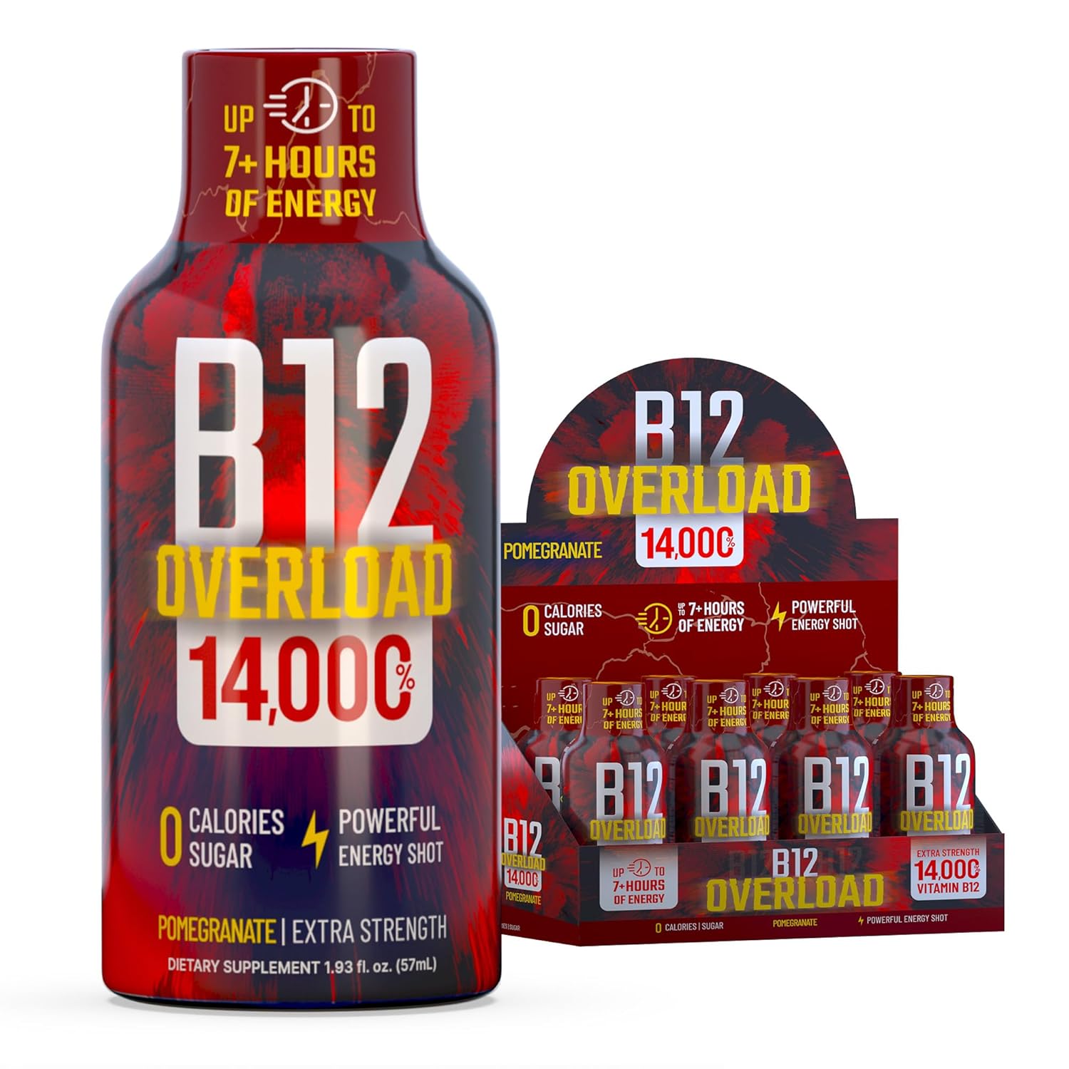 B12 Overload Extra Strength Energy Shot – Pomegranate – 260mg Caffeine, 14000% B12, Electrolytes – Energy & Vitality Support – Zero Sugar No Calories – Vegan, Kosher, Gluten-Free – 1.93 fl oz, 8-Pack