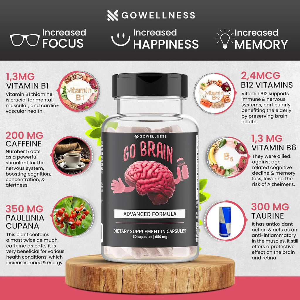 Nootropic Brain Support Supplement - Advanced Focus Supplement for Concentration, Premium Memory & Brain Booster with Vitamins, Coenzyme Q10, Phosphatyldyserine, Guarana, Zinc, Tyrosine, Amino Acids