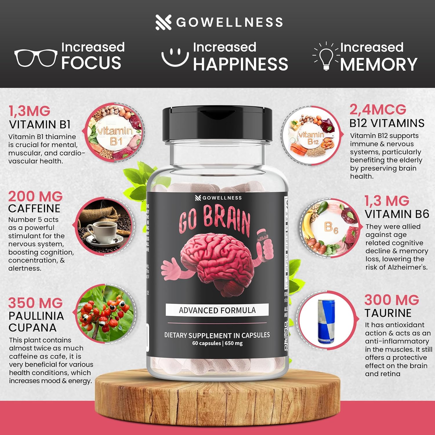 Nootropic Brain Support Supplement - Advanced Focus Supplement for Concentration, Premium Memory & Brain Booster with Vitamins, Coenzyme Q10, Phosphatyldyserine, Guarana, Zinc, Tyrosine, Amino Acids