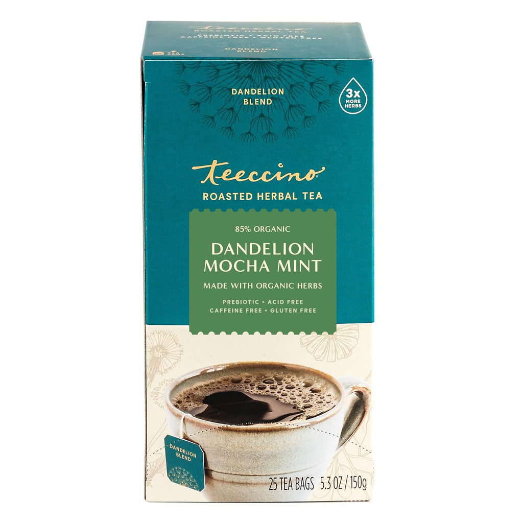 Teeccino Dandelion Mocha Mint Tea - Caffeine Free, Roasted Herbal Tea with Prebiotics, 3x More Herbs than Regular Tea Bags, Gluten Free - 25 Tea Bags (Pack of 3)