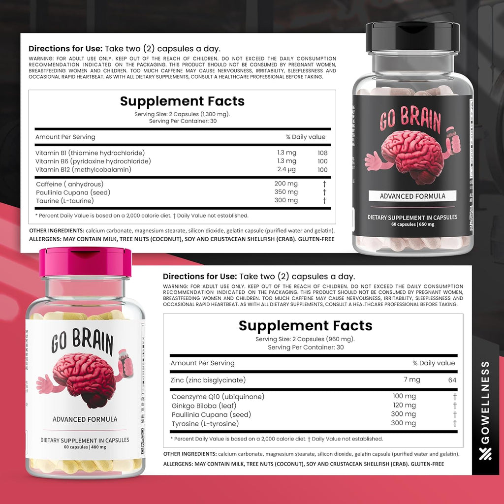 Nootropic Brain Support Supplement - Advanced Focus Supplement for Concentration, Premium Memory & Brain Booster with Vitamins, Coenzyme Q10, Phosphatyldyserine, Guarana, Zinc, Tyrosine, Amino Acids