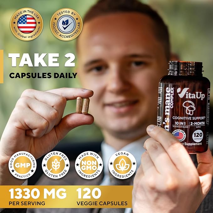 Lions Mane Supplement Capsules - USA Made 10 in 1 Mushroom Supplement - Mushroom Complex with Lions Mane, Cordyceps, Turkey Tail, Reishi, Shiitake for Cognitive & Immune Support - 120 Count