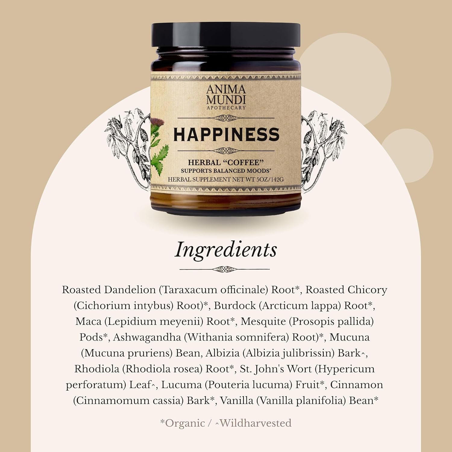 Anima Mundi Apothecary Herbal Coffee Substitute with Chicory Root & Ashwagandha Powder - Happiness Tonic "Coffee" Powder - Adaptogenic, Caffeine Free - Maca, St. John's Wort & More (5oz / 141g)
