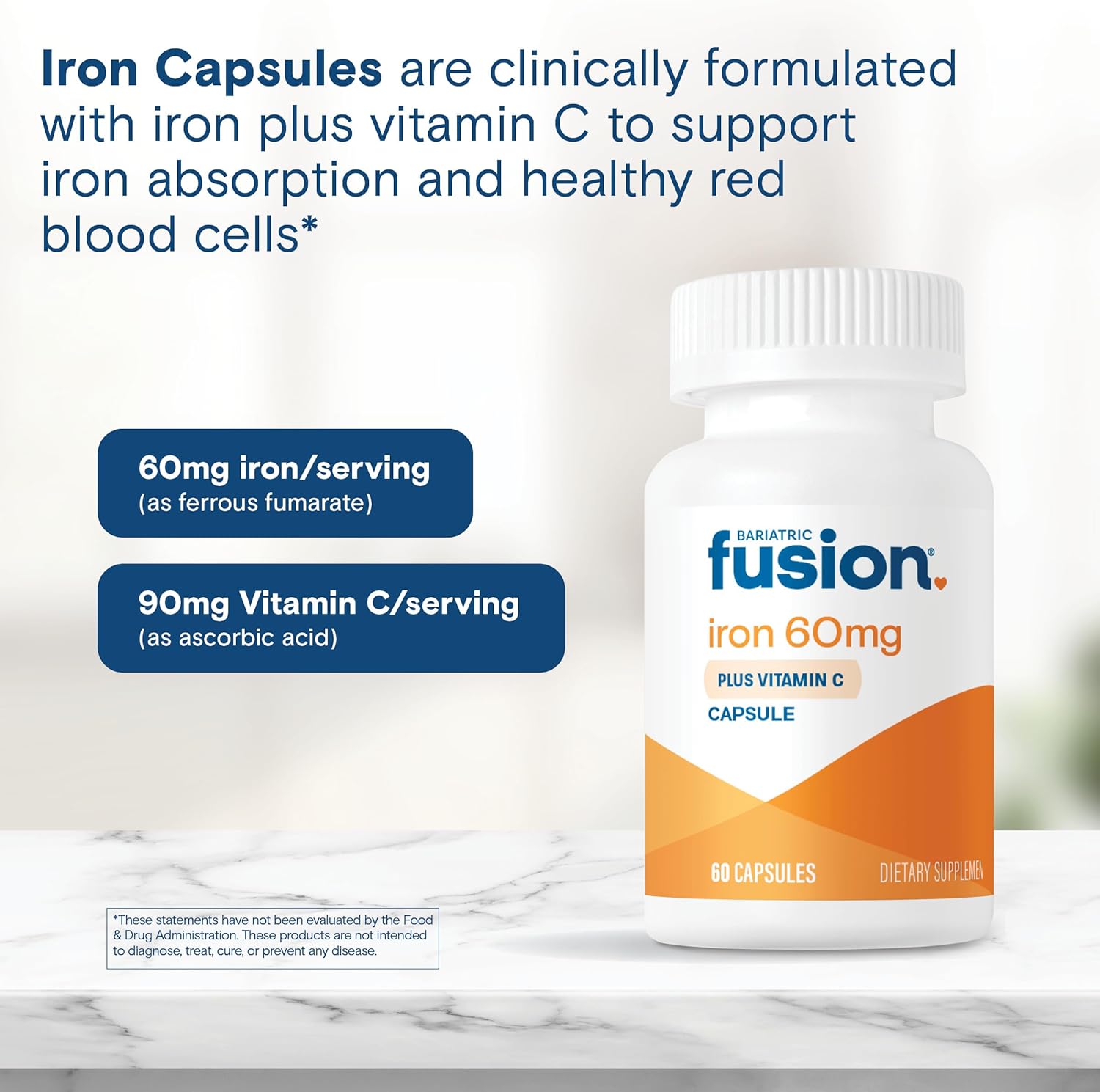 Bariatric Fusion Iron Supplement 60mg with Vitamin C | Easy to Swallow Capsule | Ferrous Fumarate Vitamins for Women and Men | Gluten, Dairy and Soy Free | Non-GMO | 60 Count