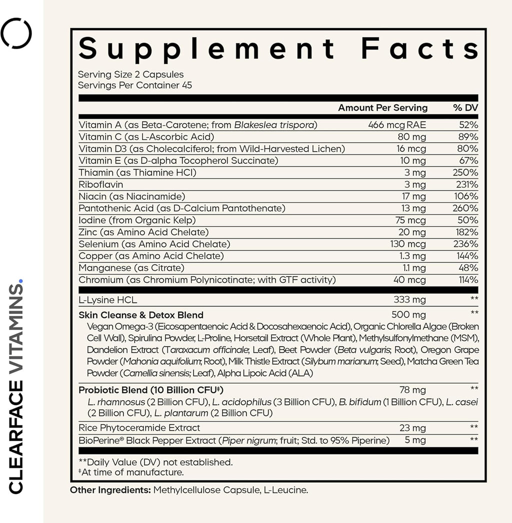 Codeage Clearface Pantothenic Acid, Niacin Supplement, Vitamins A, C, D3, E, Probiotics, Zinc, Riboflavin, Thiamin, L-Lysine HCL & Omega-3, Niacinamide, Skin Botanical Blend - Non-GMO - 90 Capsules