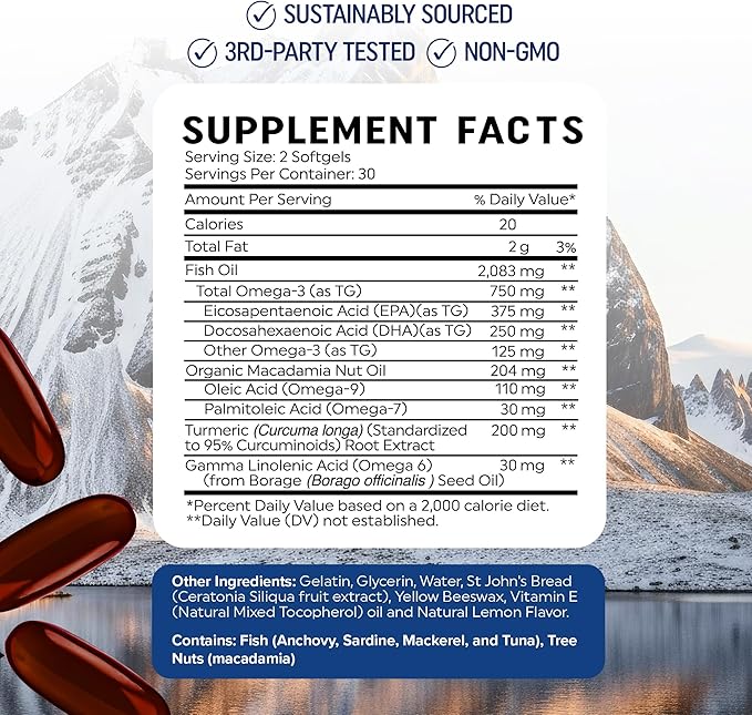 Omega 3 6 9 + Turmeric Curcumin Supplement | EPA & DHA Fish Oil + Turmeric Curcuma | Mobility, Cognitive & Heart Health Support | Triple Omega with Curcumin Supplements | Non-GMO | 60 Softgels