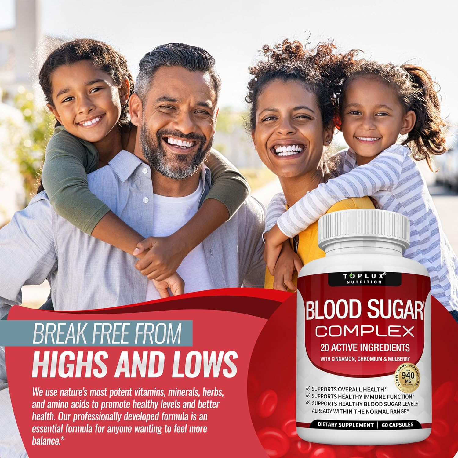 Blood Sugar Complex Supplement - Supports Healthy Blood Sugar Levels Already Within Normal Range All Natural with Cinnamon, Bitter Melon, Chromium, Mulberry, Alpha Lipoic Acid, Non-GMO, 60 Capsules