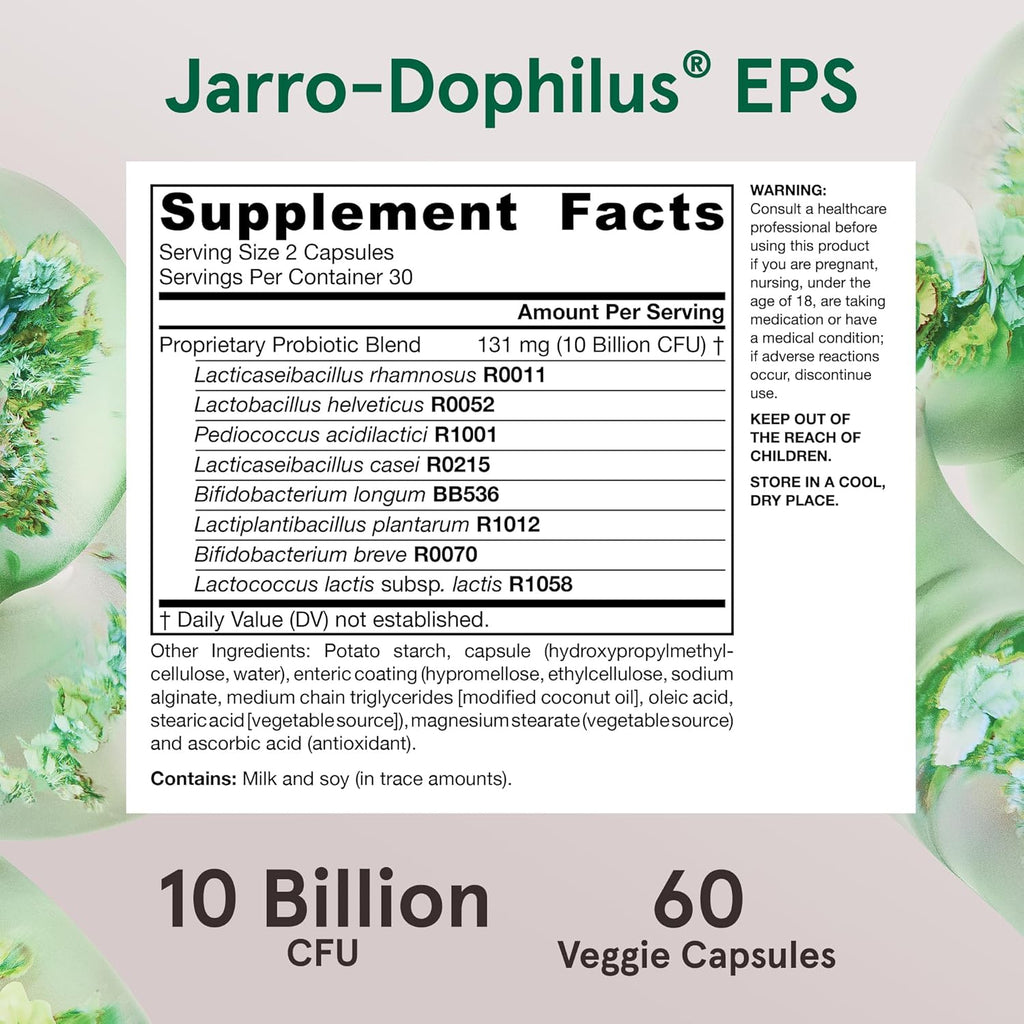 Jarrow Formulas Jarro-Dophilus EPS Probiotics 10 Billion CFU, Dietary Supplement for Intestinal Tract Support, Gut Health Supplements for Women and Men, 60 Veggie Capsules, 30 Day Supply (Pack of 12)