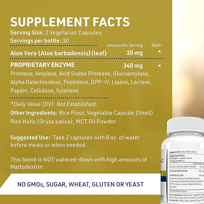 Digest Harmony Maximum Strength Digestive Enzymes Gluten Sensitivity Lipase, Protease, Cellulase, Aloe Vera for Gallbladder, Bloating Relief and Digestive Discomfort – 60 Capsules
