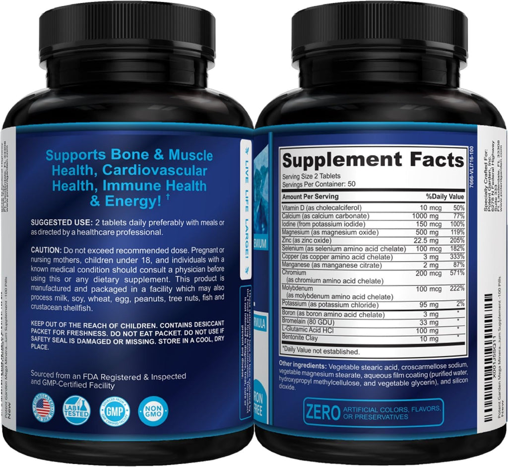 Potent Garden Mega Mineral Supplement Complete Mineral Complex with Calcium Magnesium Zinc Potassium Boron Selenium Chromium & 72 Trace Minerals Iron Free Calcium Supplement -100 Pills