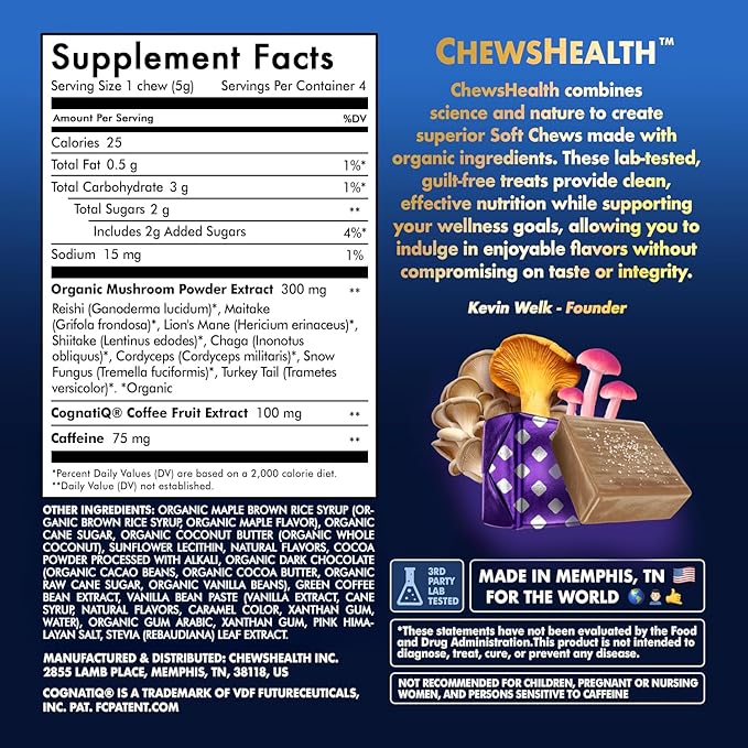 DynaMind iQ Chews - Best Brain Memory and Focus Supplement for Adults, Nootropic Supplement, Supports BDNF, Memory Booster – Natural Caffeine & Functional Mushrooms for Cognitive Performance, 4 Count