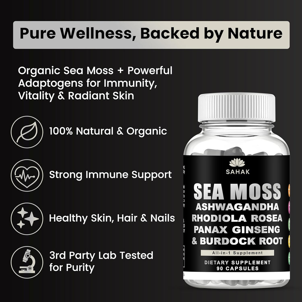 Sea Moss Capsules - Organic Irish Sea Moss with Ashwagandha, Rhodiola Rosea, Panax Ginseng, Burdock Root | Lab Tested | Immune Support, Energy, Cognition,for Women and Men - 90 Raw sea Moss Capsules