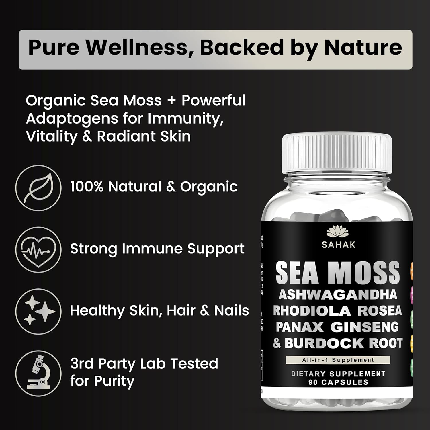Sea Moss Capsules - Organic Irish Sea Moss with Ashwagandha, Rhodiola Rosea, Panax Ginseng, Burdock Root | Lab Tested | Immune Support, Energy, Cognition,for Women and Men - 90 Raw sea Moss Capsules