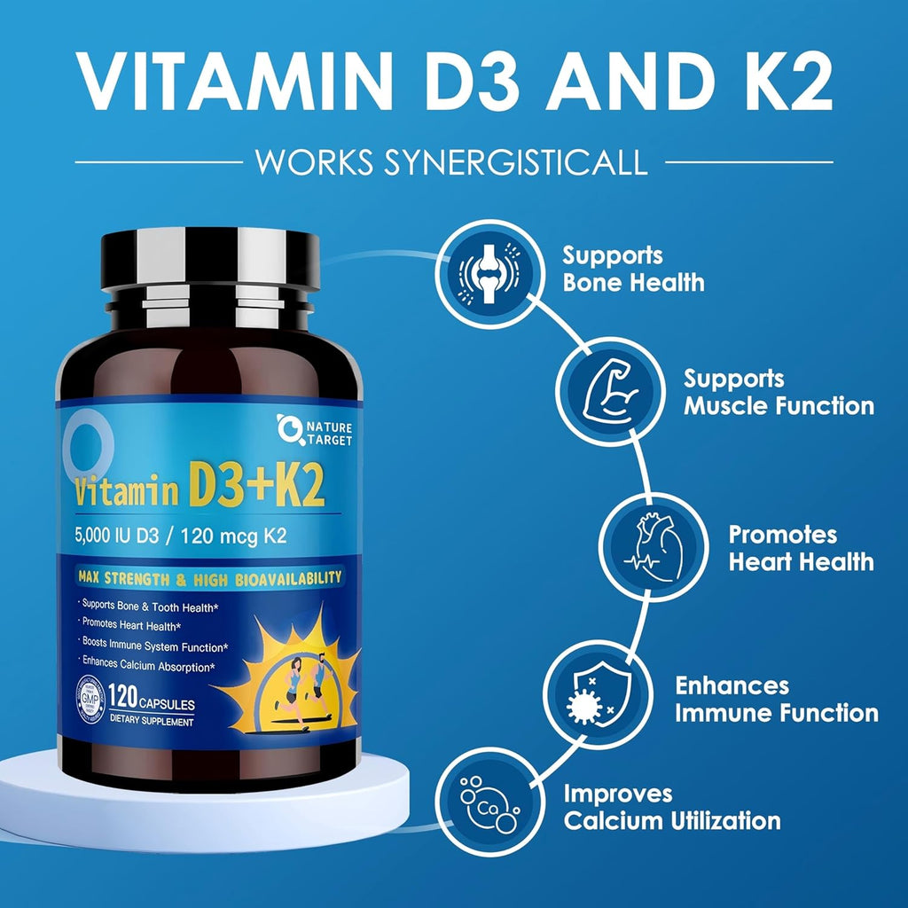 NATURE TARGET Vitamin D3 K2 with Calcium & Magnesium– Max Strength for Bone, Heart & Immune Support – 5000 IU Vitamin D3, 120 mcg K2, Non-GMO, Gluten-Free, 120 Count