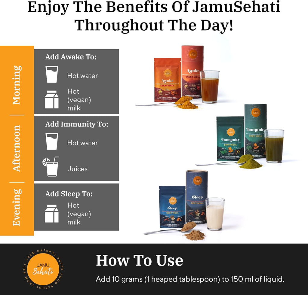 JAMUSEHATI, Variety Pack, Natural Superfoods Blend from Bali, Containing Awake, Immunity and Sleep, Pack of 3 Sachets