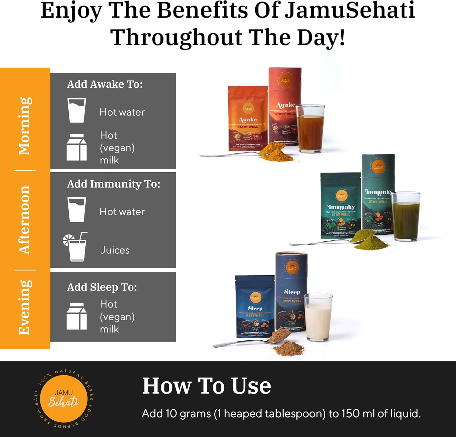 JAMUSEHATI, Variety Pack, Natural Superfoods Blend from Bali, Containing Awake, Immunity and Sleep, Pack of 3 Sachets