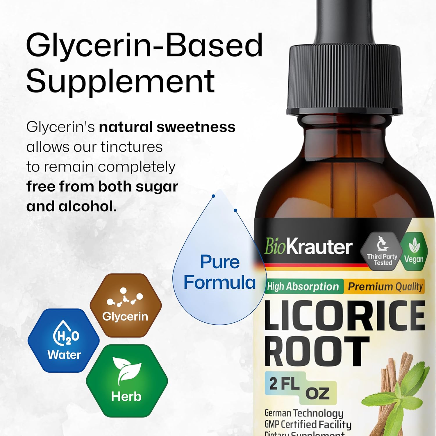 BIO KRAUTER Licorice Root Tincture - Licorice Root Extract for Digestive Support - Alcohol and Sugar Free - Vegan Drops 2 Fl.Oz.
